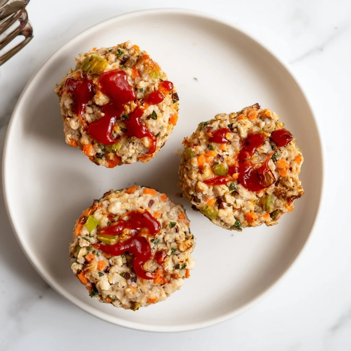 Individual portion-sized turkey meatloaf muffins with colorful diced vegetables baked to perfection