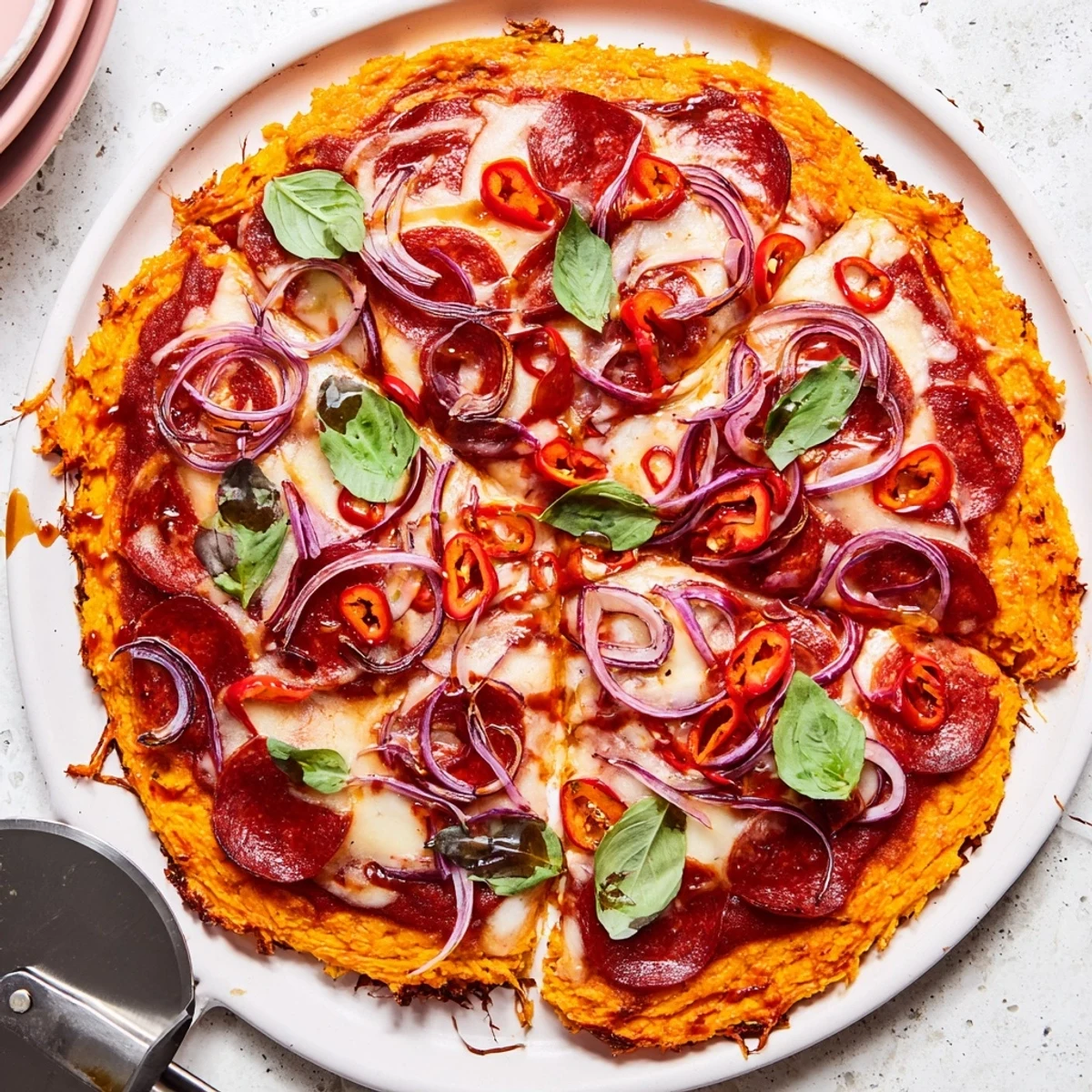 Golden pepperoni hot honey pizza with sweet potato crust drizzled with spicy honey