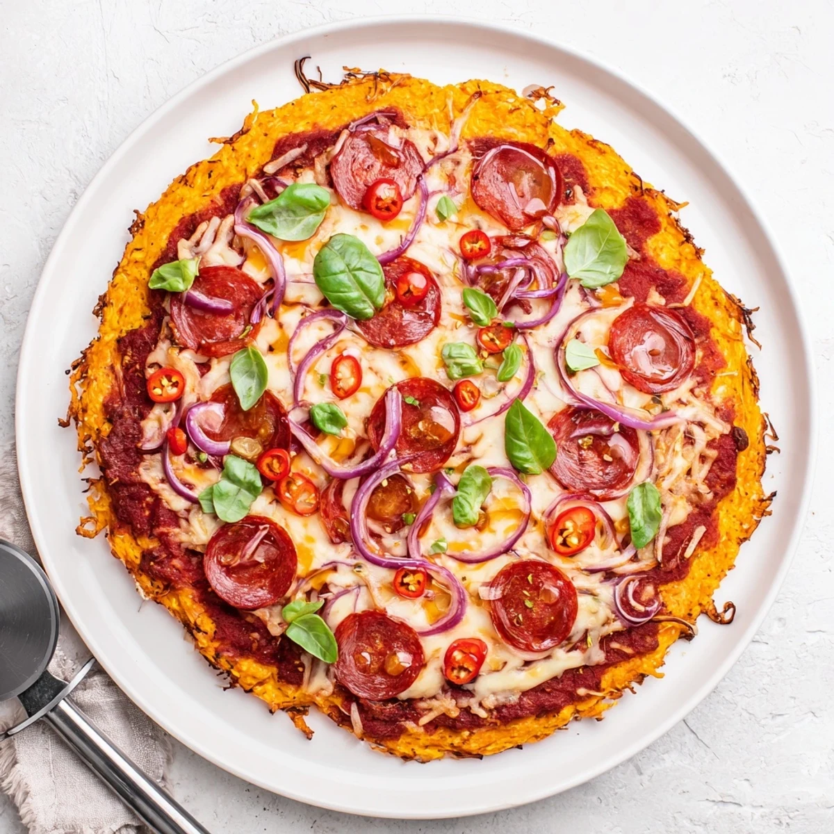 Gluten-free sweet potato crust pizza topped with melted cheese pepperoni and hot honey glaze