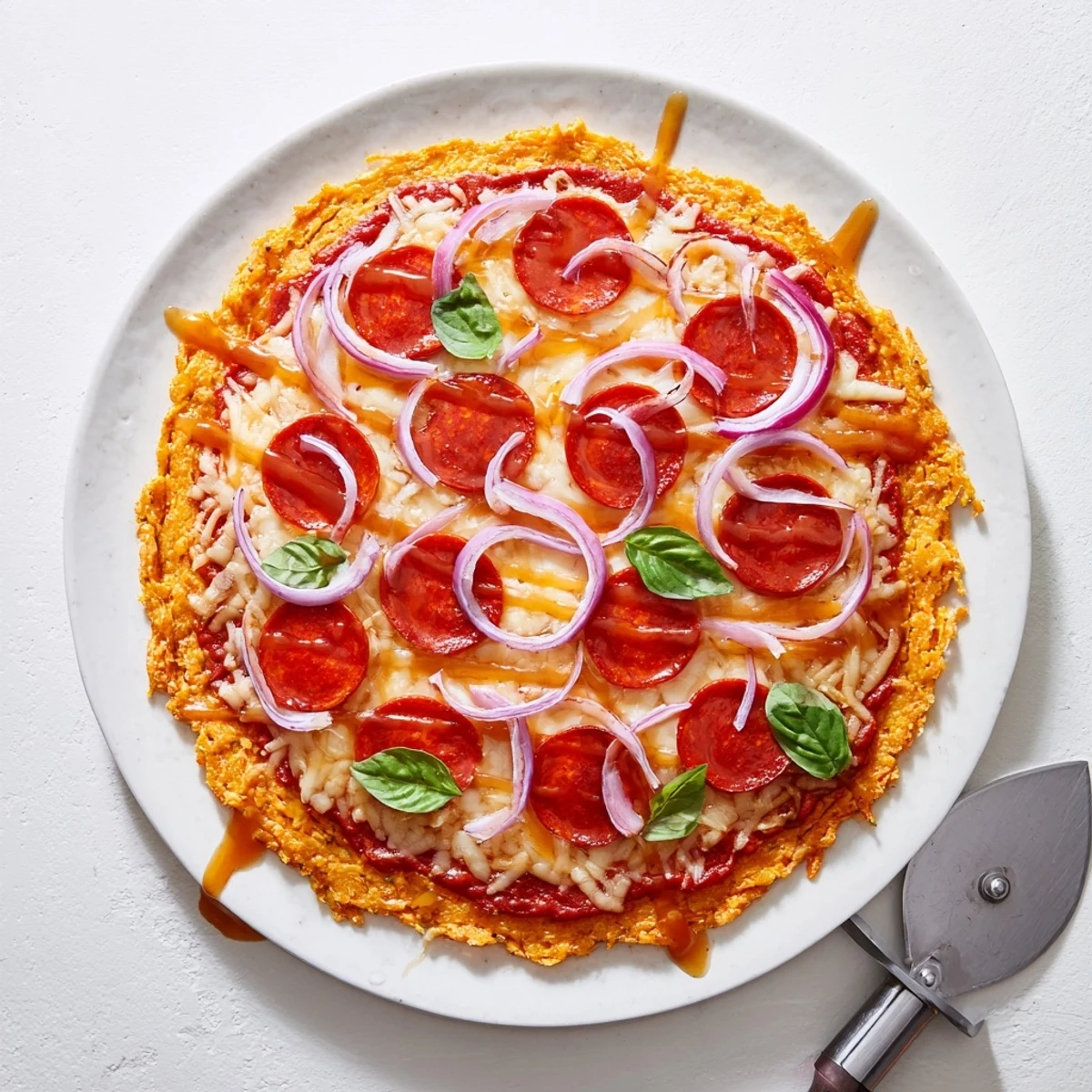 Sliced pepperoni and mozzarella on sweet potato crust finished with sweet spicy honey drizzle