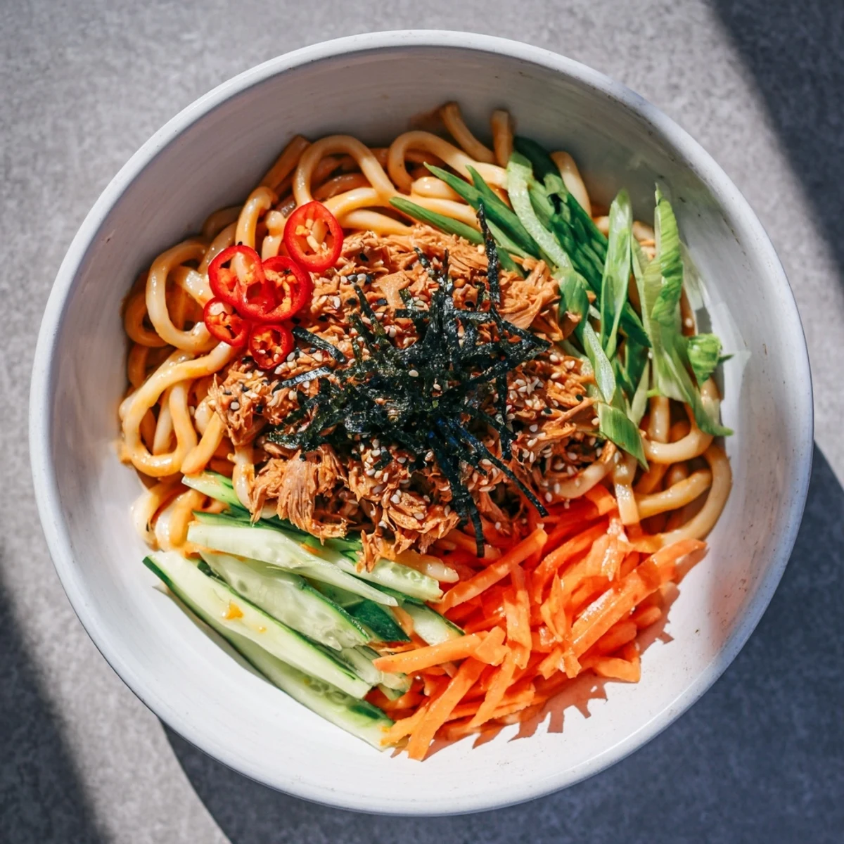 Thick udon noodles tossed with spicy tuna in a rich sesame Sriracha sauce