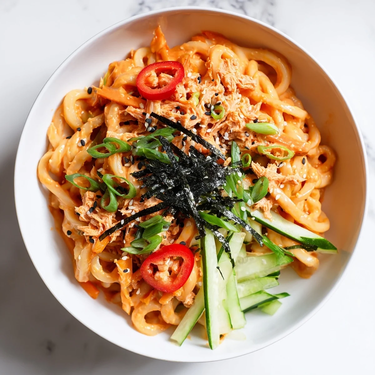 Vibrant Spicy Tuna Udon bowl topped with fresh cucumber, carrots, and nori