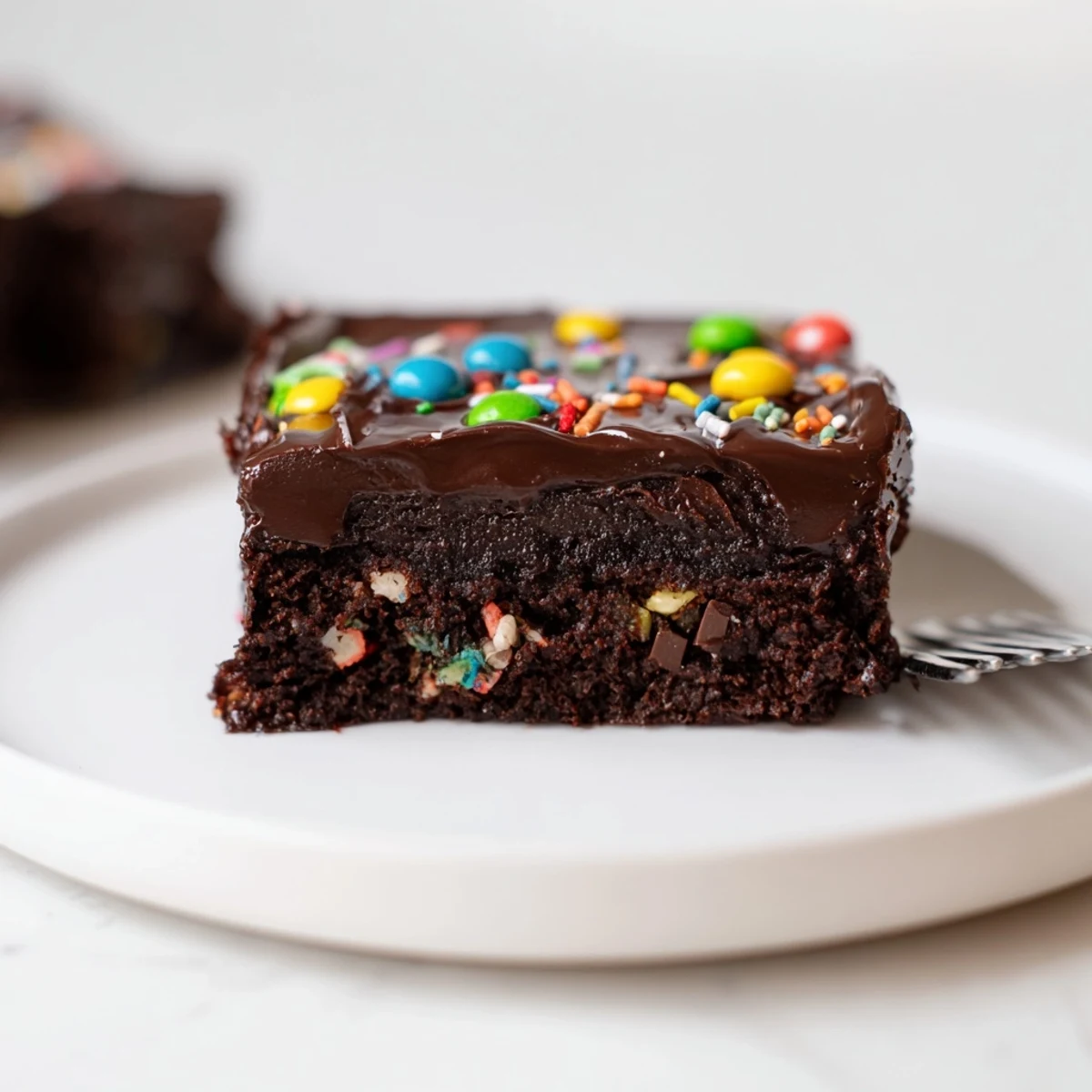 Gourmet Cosmic Brownies Bars with glossy ganache and rainbow sprinkles, chilled.