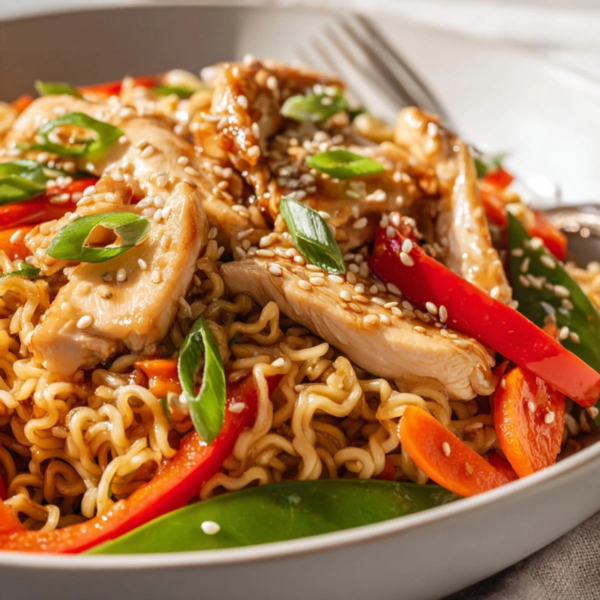 Homestyle Chicken Ramen Stir Fry tossed with garlic-ginger, bright bell peppers