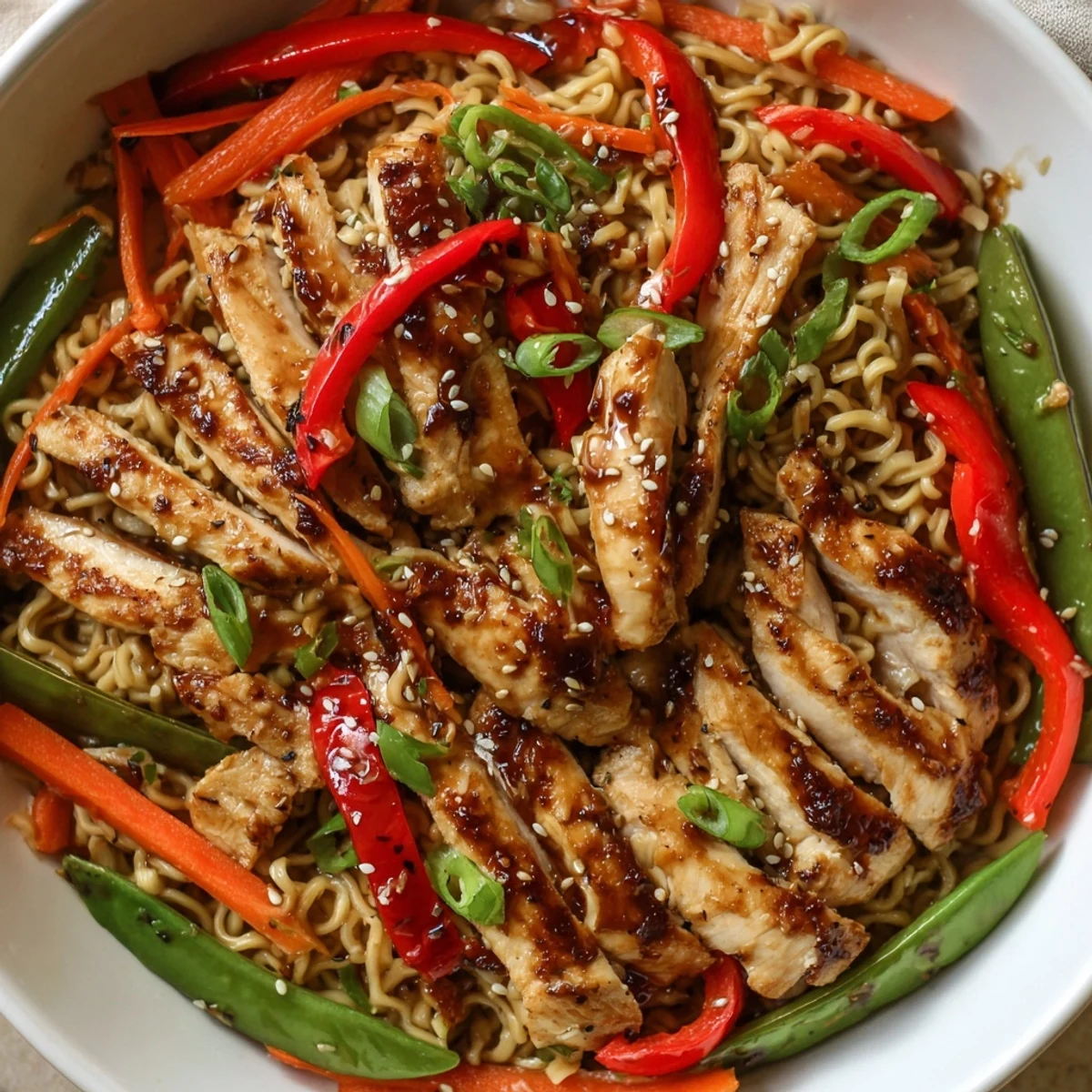 Chicken Ramen Stir Fry glistening with sesame sauce, crisp vegetables, steaming bowl