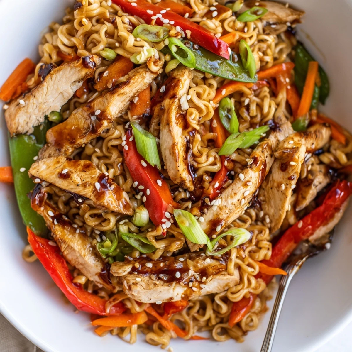 Weeknight Chicken Ramen Stir Fry served piping hot, garnished with green onions