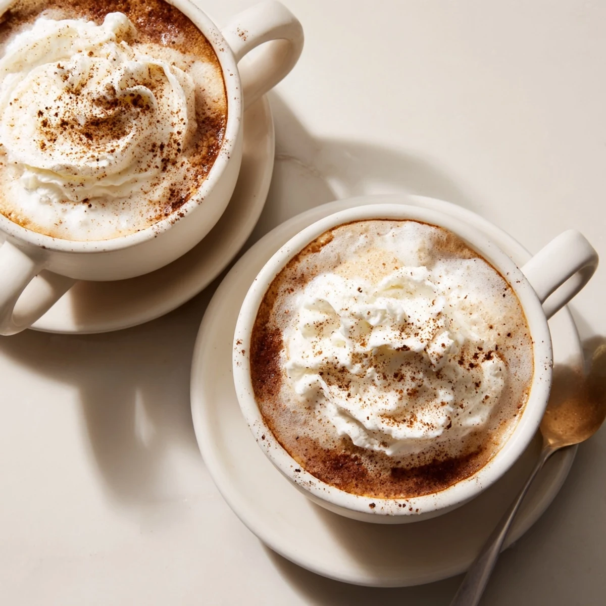 Steaming Cozy Winter Lattes with frothy spiced milk, cinnamon sprinkled tops.