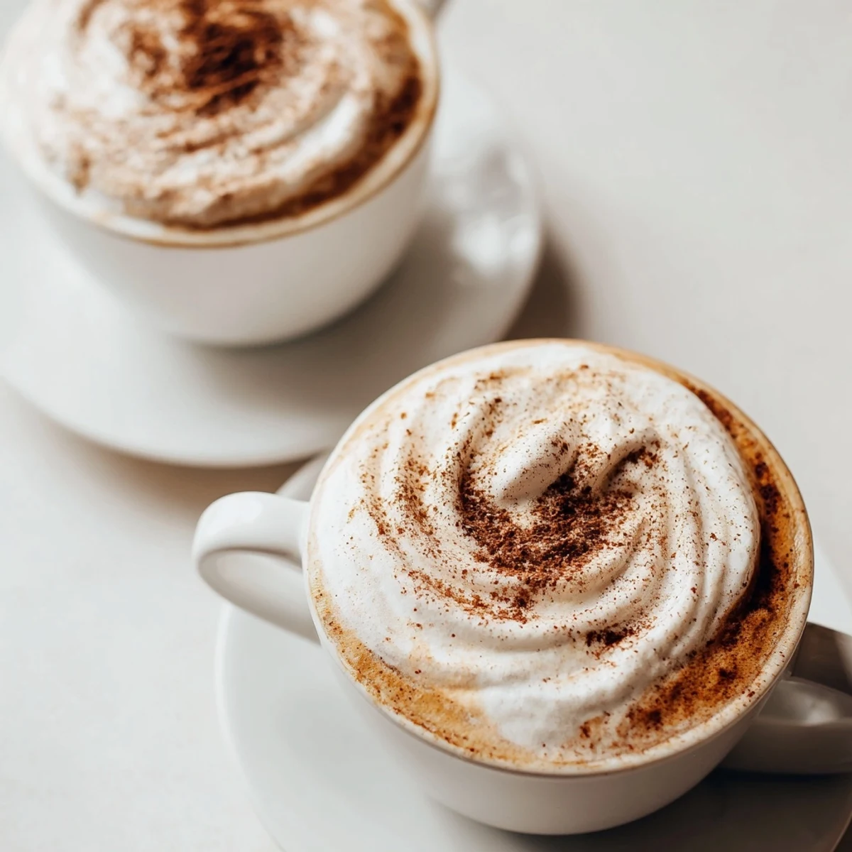 Two mugs of Cozy Winter Lattes, warm maple sweetness and nutmeg aroma.