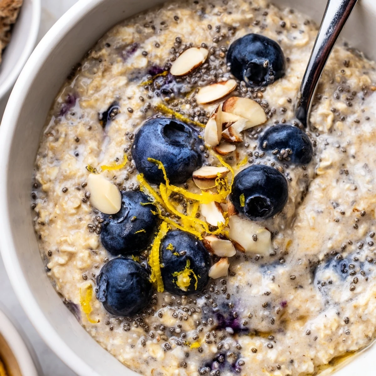 Chilled Blueberry Lemon Overnight Oats stirred smooth, served in a glass jar