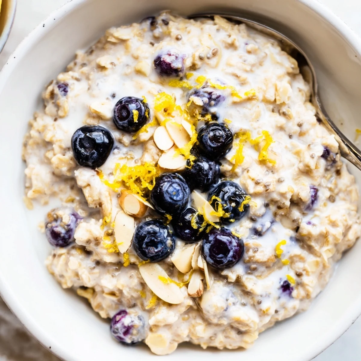 Creamy Blueberry Lemon Overnight Oats topped with fresh blueberries and lemon zest