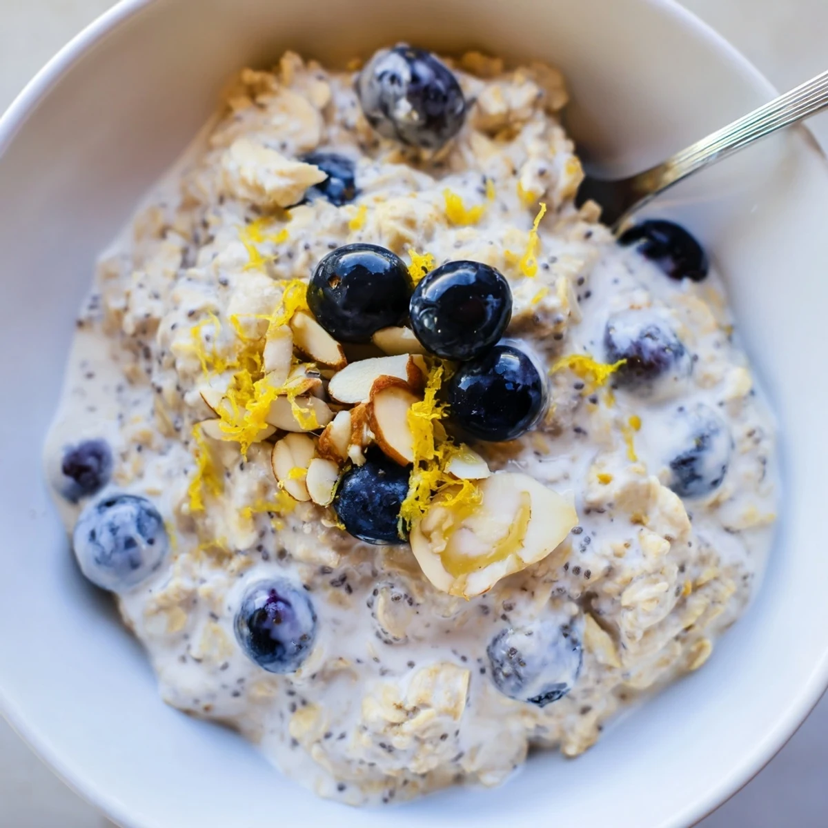 Make ahead Blueberry Lemon Overnight Oats with creamy yogurt and nutty topping