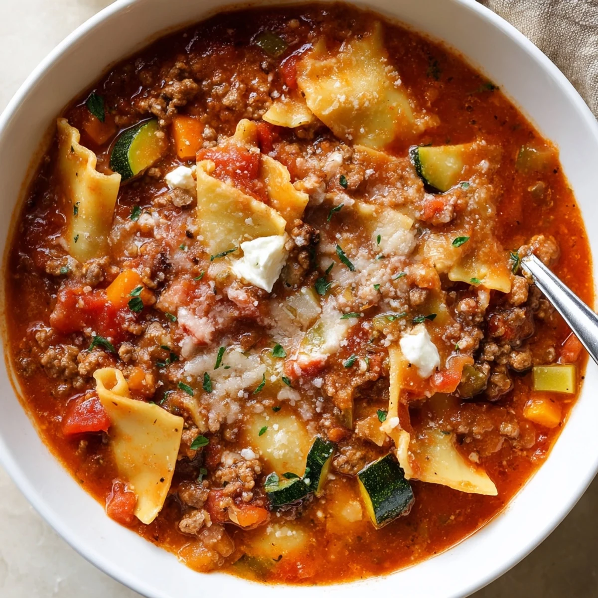 Steaming bowl of tender noodles and melted cheeses, One Pot Lasagna Soup.