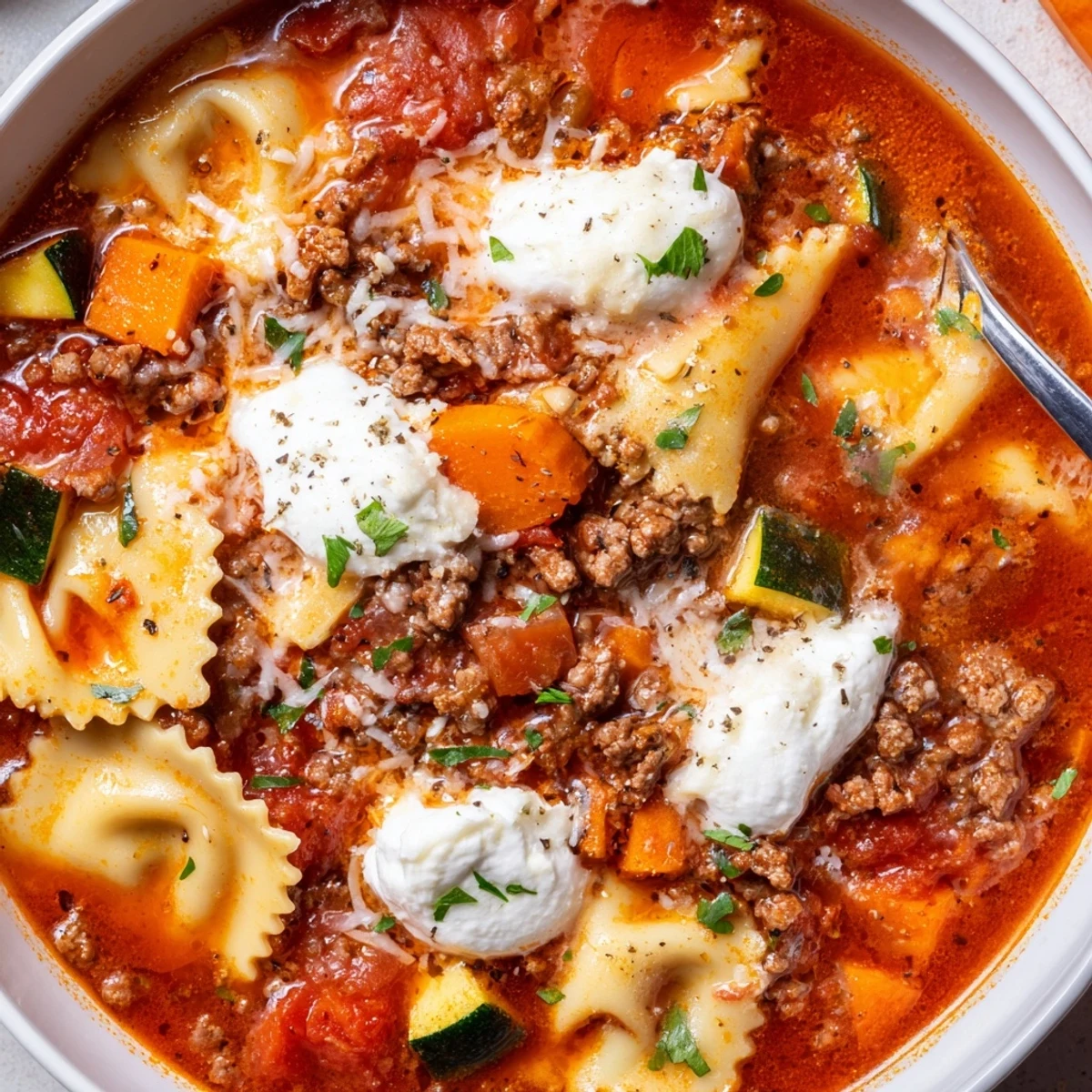 Hearty One Pot Lasagna Soup ladled with ricotta dollops and fresh basil.