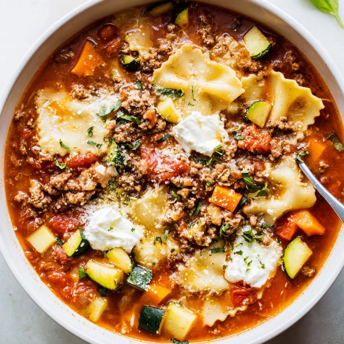 Weeknight One Pot Lasagna Soup with savory beef, tomato broth, crusty bread.