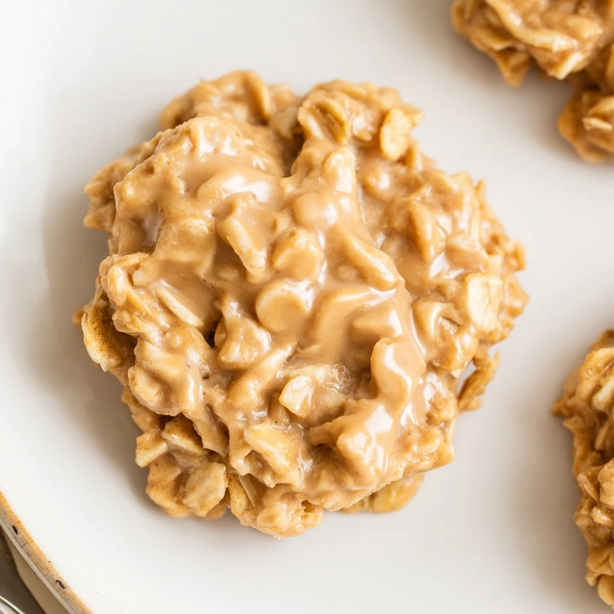 Stacked Peanut Butter No Bake Cookies with melted chocolate chips and sea salt