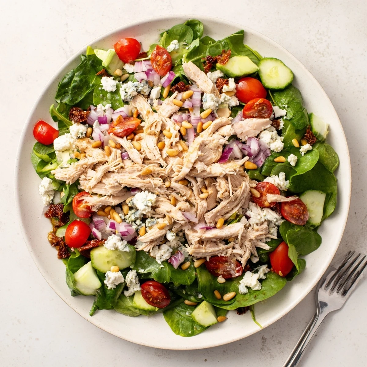 Sundried tomato chicken salad featuring tender shredded chicken, tangy tomatoes, and crumbled feta on mixed greens
