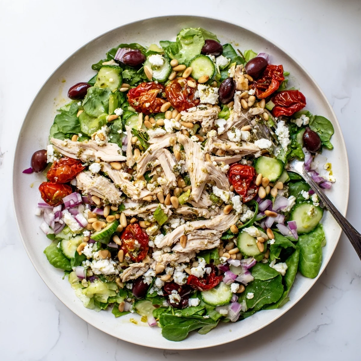 Fresh sundried tomato chicken salad plated with crisp vegetables, creamy feta, and balsamic dressing drizzle