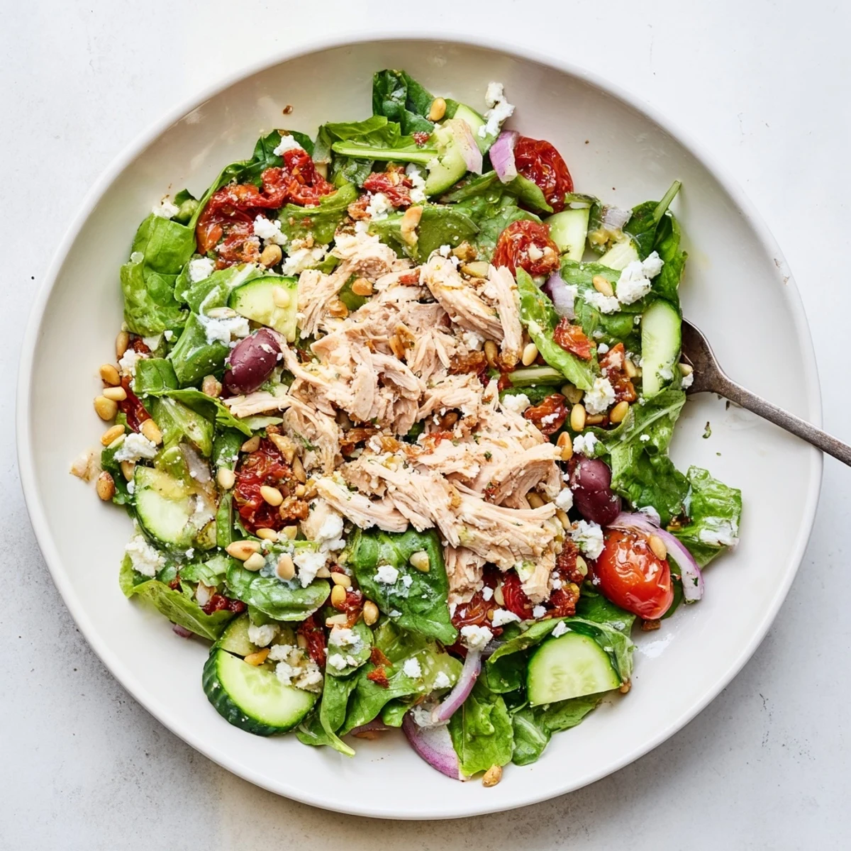 Colorful Mediterranean sundried tomato chicken salad bowl with cherry tomatoes, cucumber, and toasted pine nuts