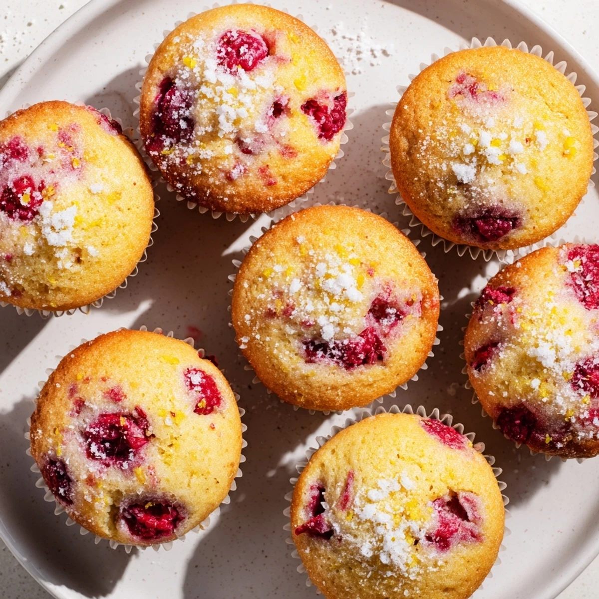 Golden raspberry lemon ricotta muffins topped with coarse sugar, fresh raspberries visible in moist crumb