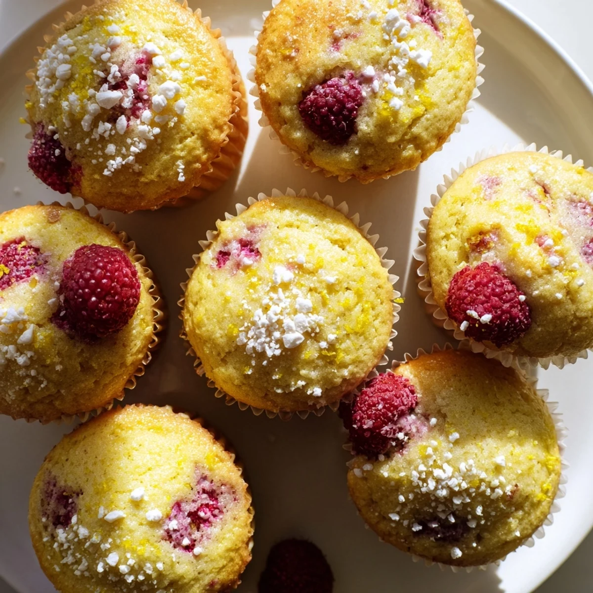 Freshly baked raspberry lemon ricotta muffins cooling on wire rack, golden tops with bright red berries