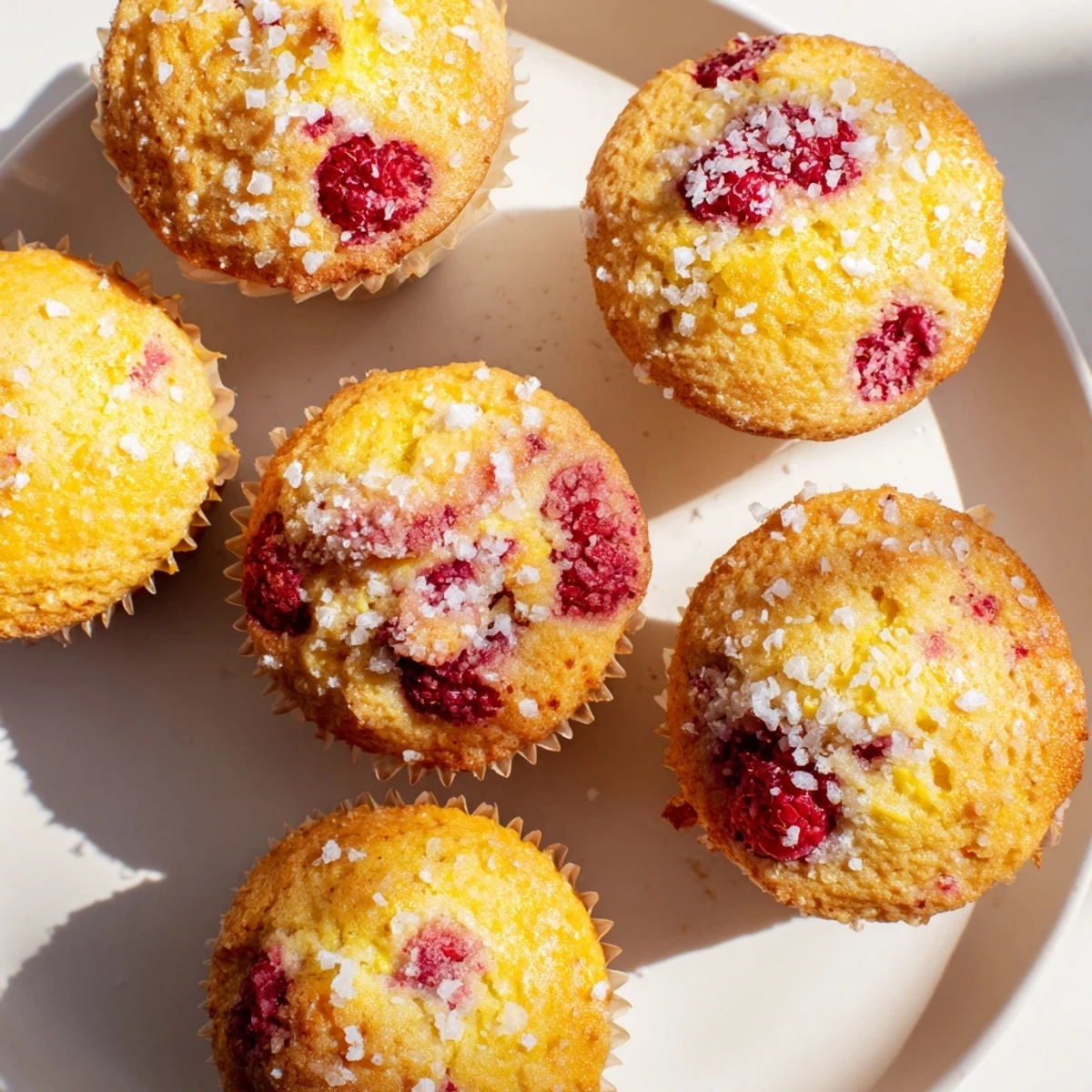 Close-up of tender raspberry lemon ricotta muffins burst with juicy fruit, lemon zest speckled throughout