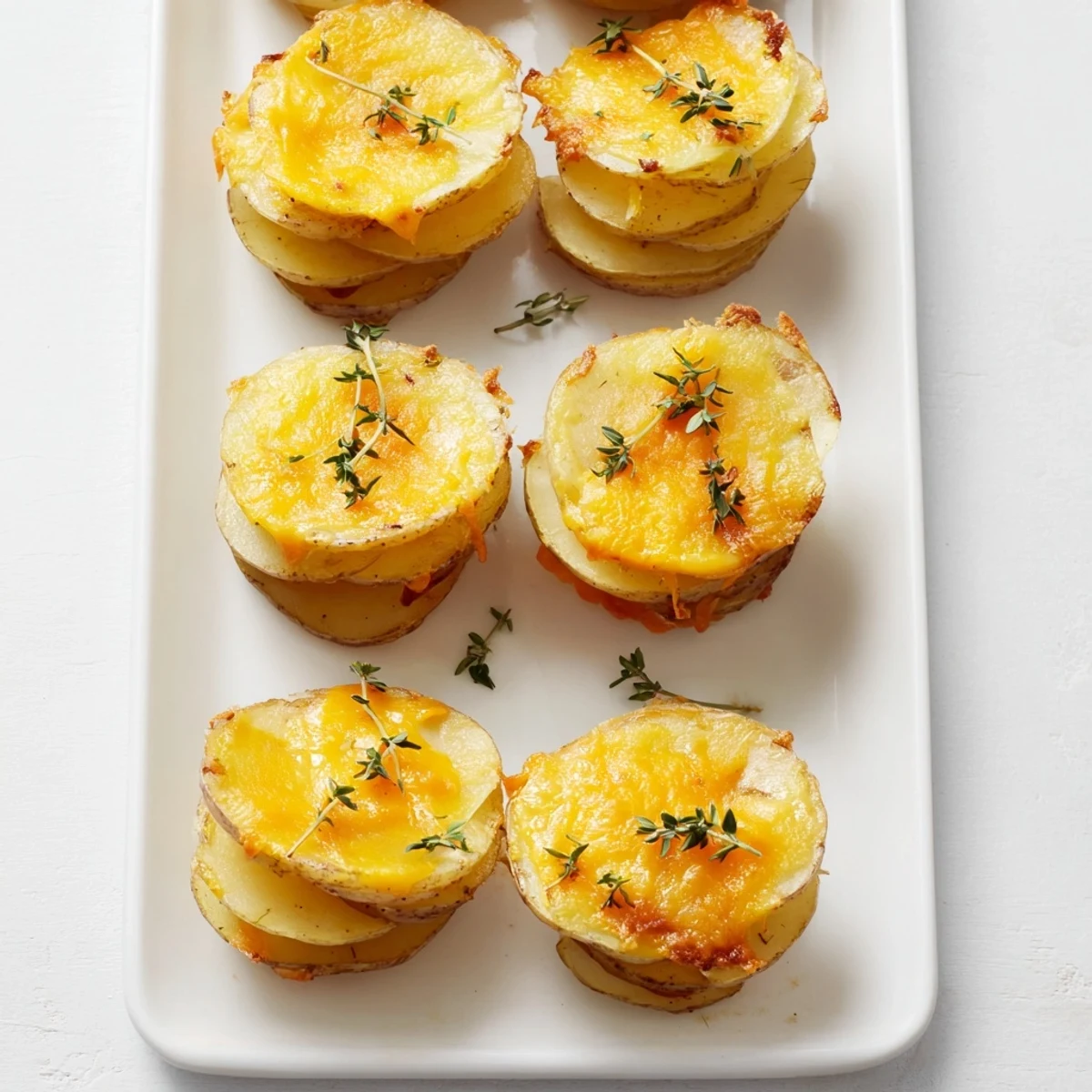 Golden cheese scalloped potato stacks with crispy edges baked in muffin tins