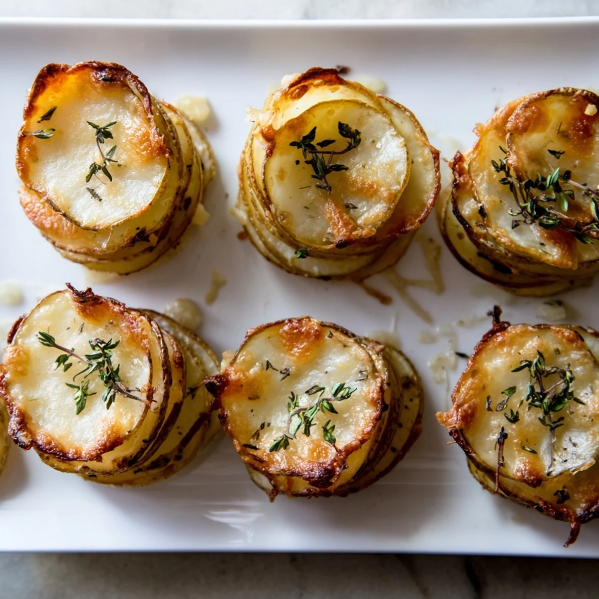 Creamy scalloped potato stacks topped with melted cheese and fresh thyme