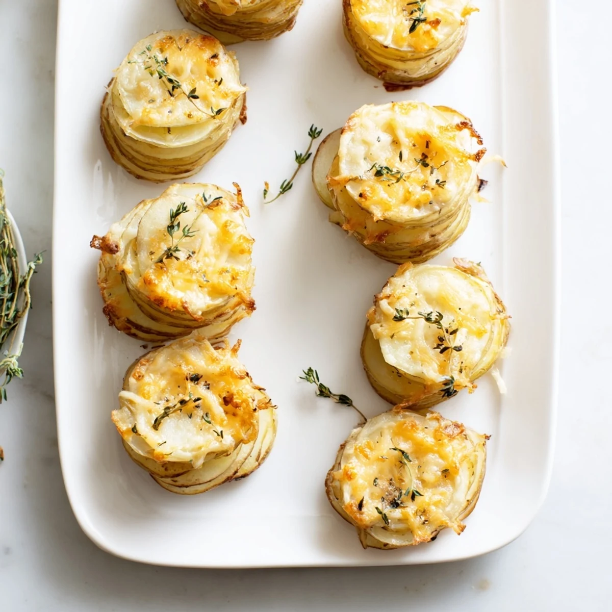 Individual potato stacks layered with sharp cheddar and Gruyère cheese sauce
