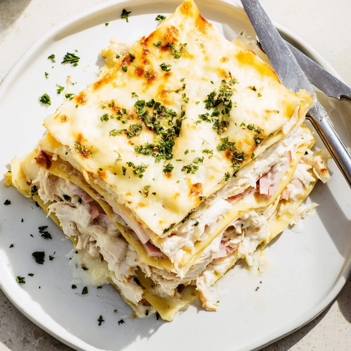 Golden-baked chicken cordon bleu lasagna with bubbling Swiss cheese sauce and fresh parsley garnish