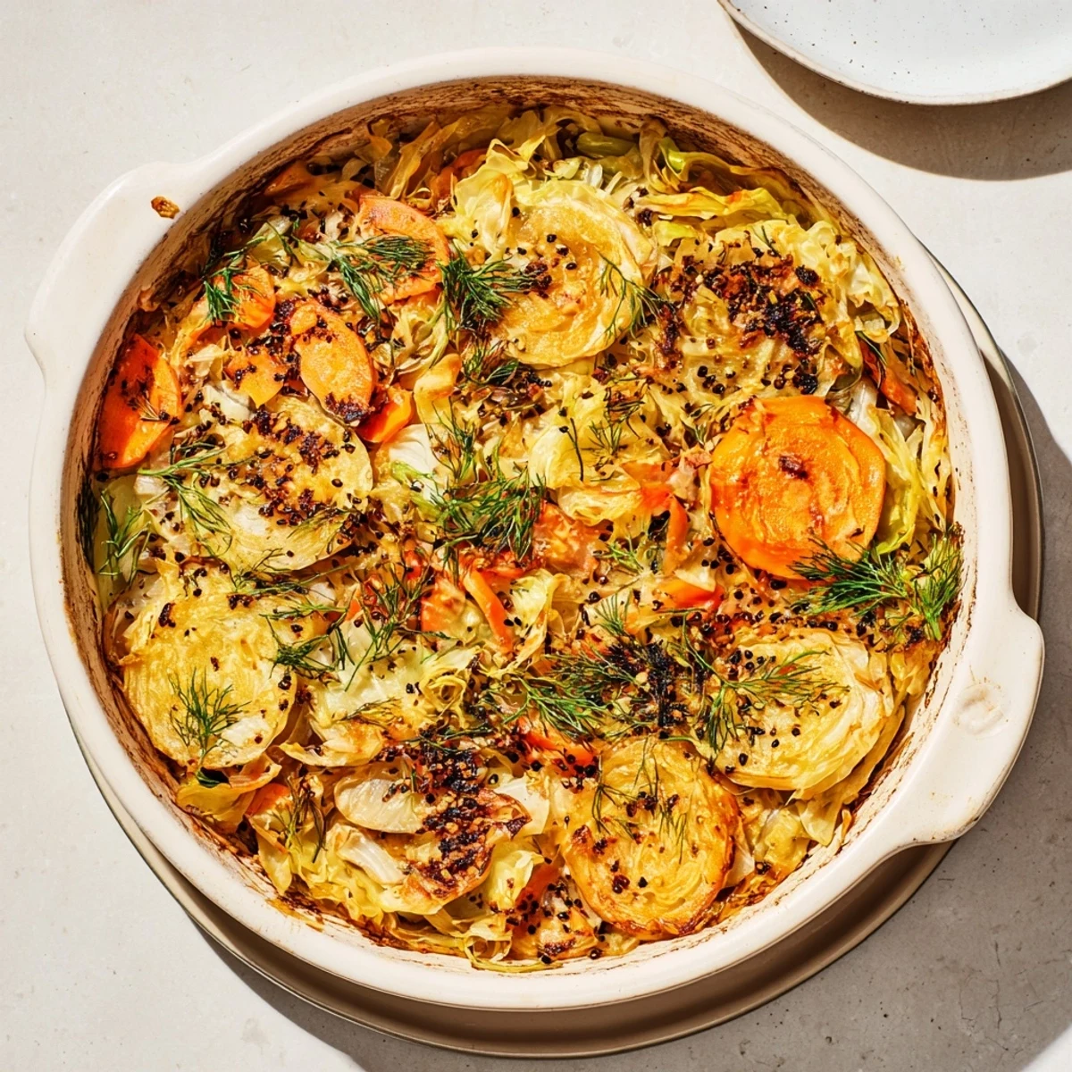 Hearty German-style slow roasted cabbage and sauerkraut casserole topped with creamy sour cream and caramelized edges