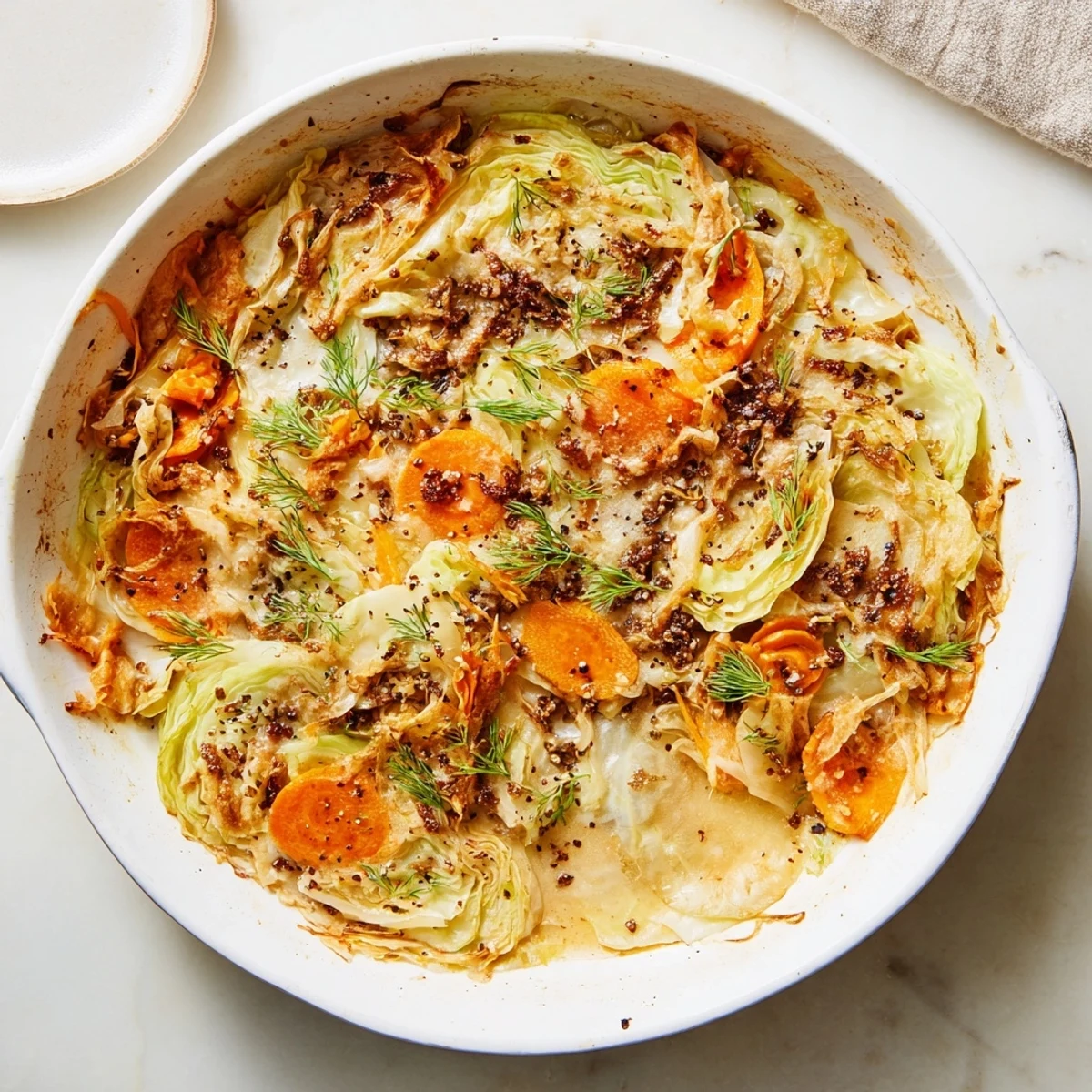 Golden slow roasted cabbage and sauerkraut casserole bubbling with melted Gruyère cheese and fresh dill