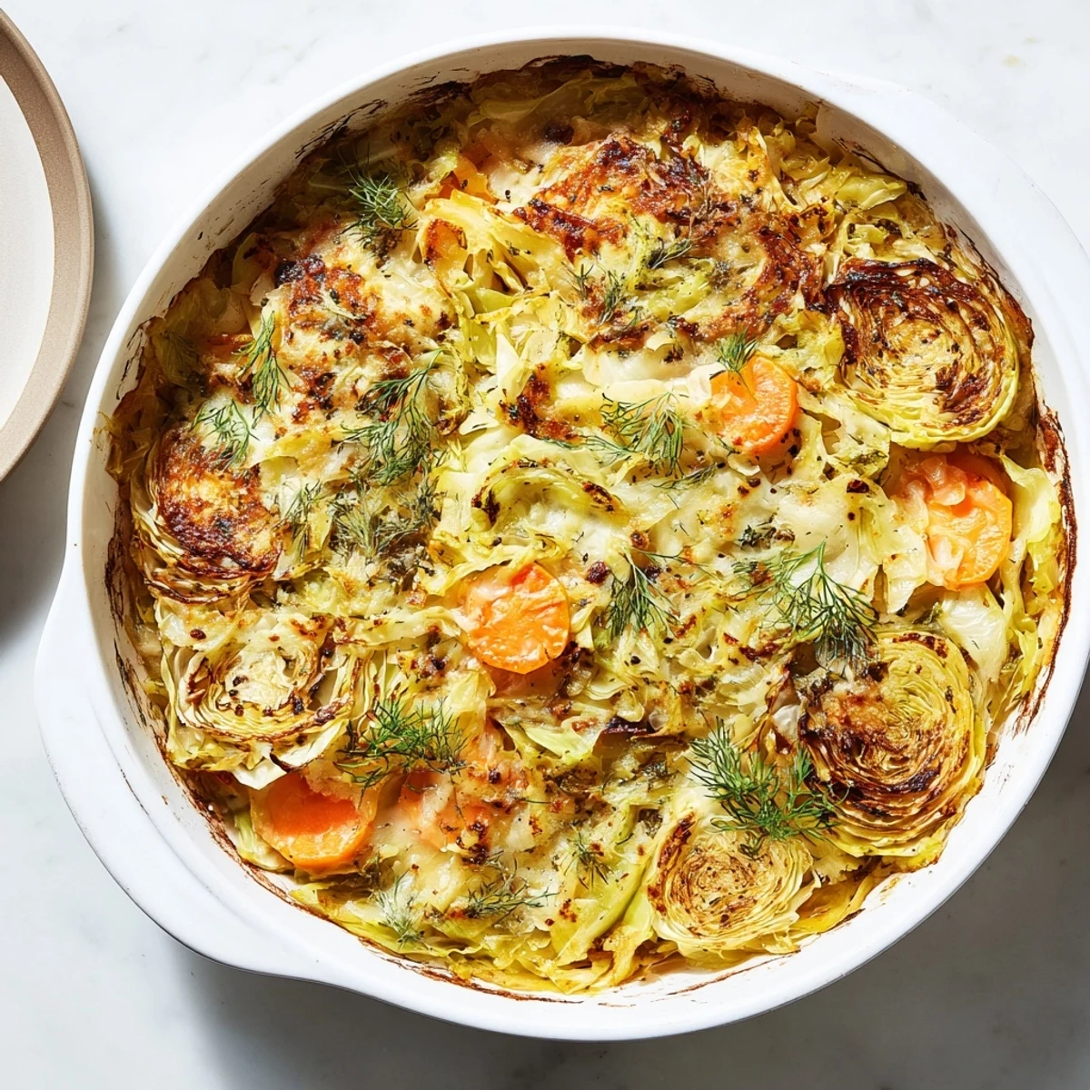 Rustic vegetarian casserole featuring tender slow roasted cabbage and tangy sauerkraut layers baked until golden brown