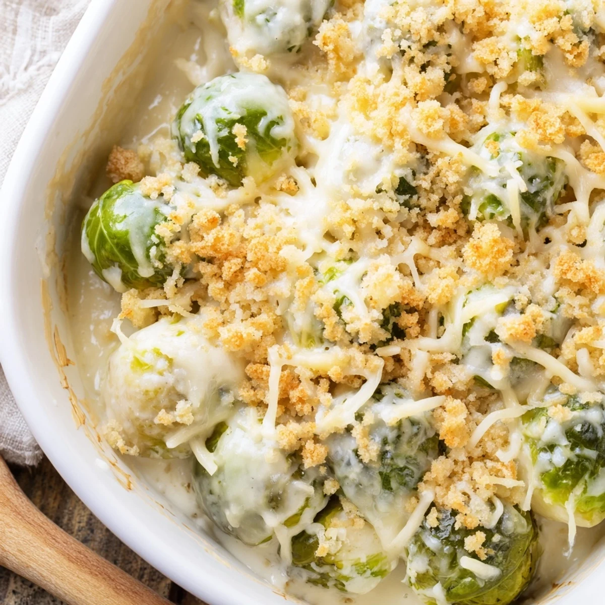 Golden bubbling creamy Parmesan Brussels sprouts casserole topped with crispy breadcrumbs and melted cheese