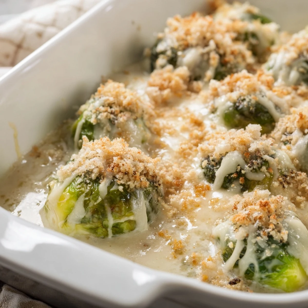 Tender halved Brussels sprouts swimming in rich white cheese sauce baked until golden brown