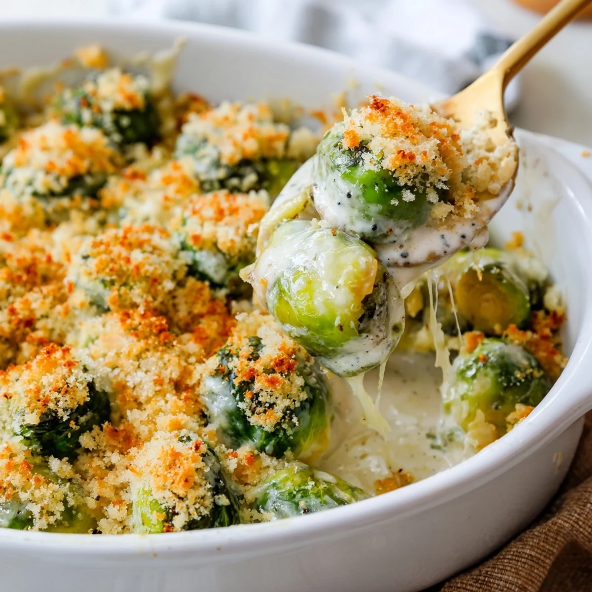 Oven-baked Parmesan Brussels sprouts casserole with gooey mozzarella topping and crispy parmesan crust