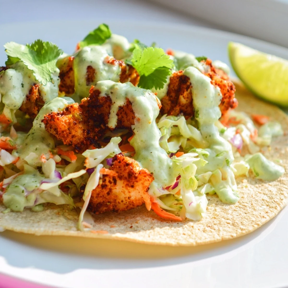 Golden baked cod fish tacos topped with colorful cabbage slaw and zesty cilantro lime sauce