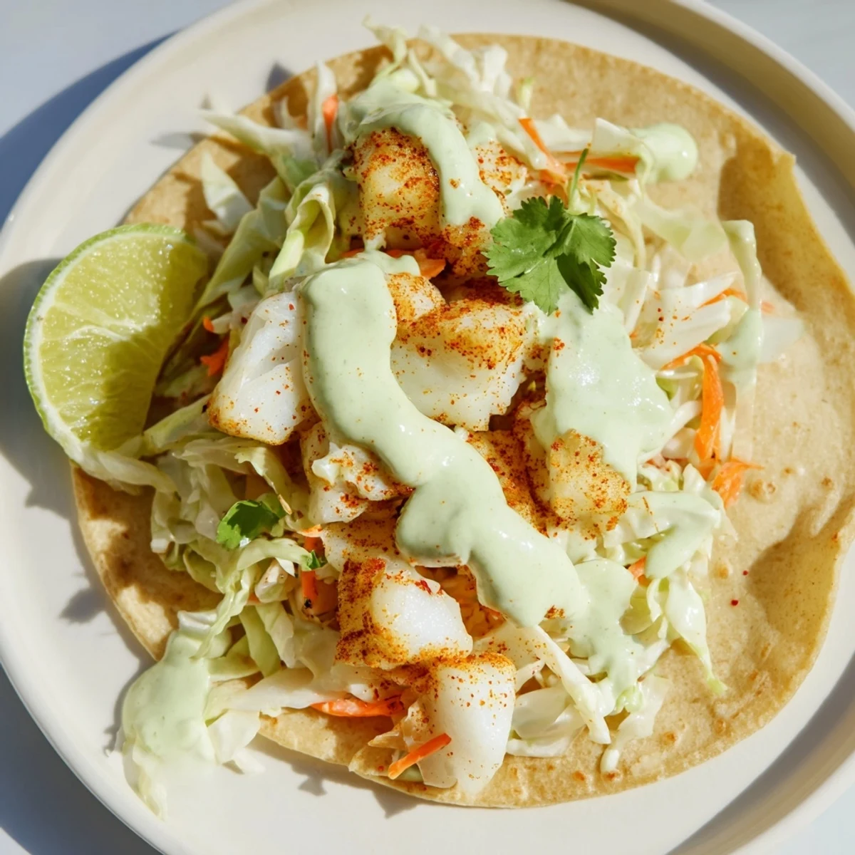 Warm corn tortillas stuffed with tender baked cod and drizzled with creamy cilantro lime dressing