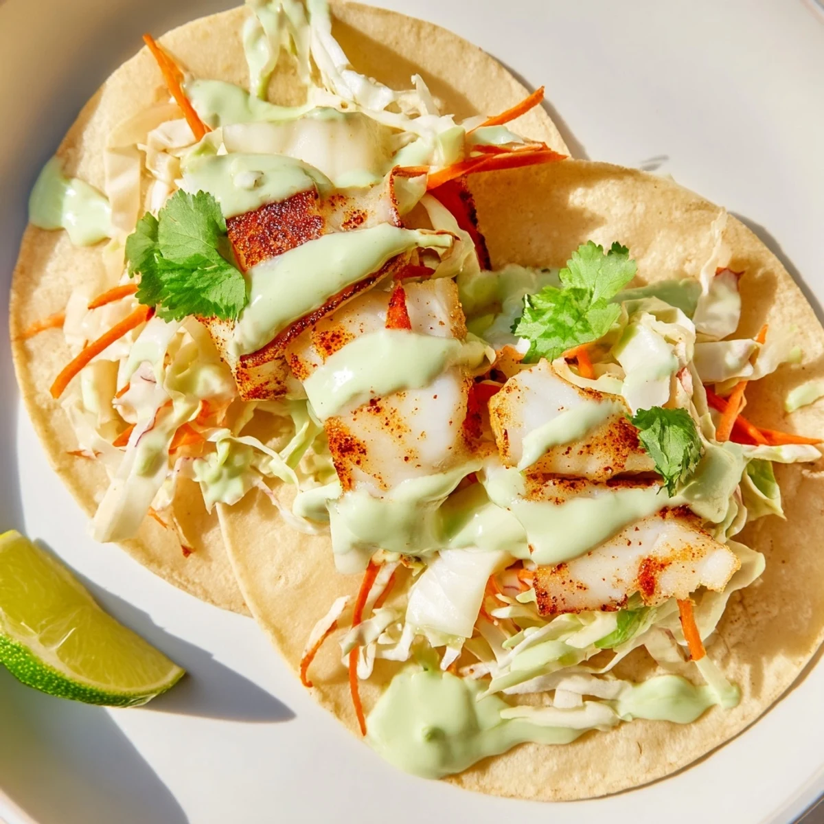 Flaky baked cod fish tacos layered with fresh crunchy slaw and vibrant green cilantro sauce