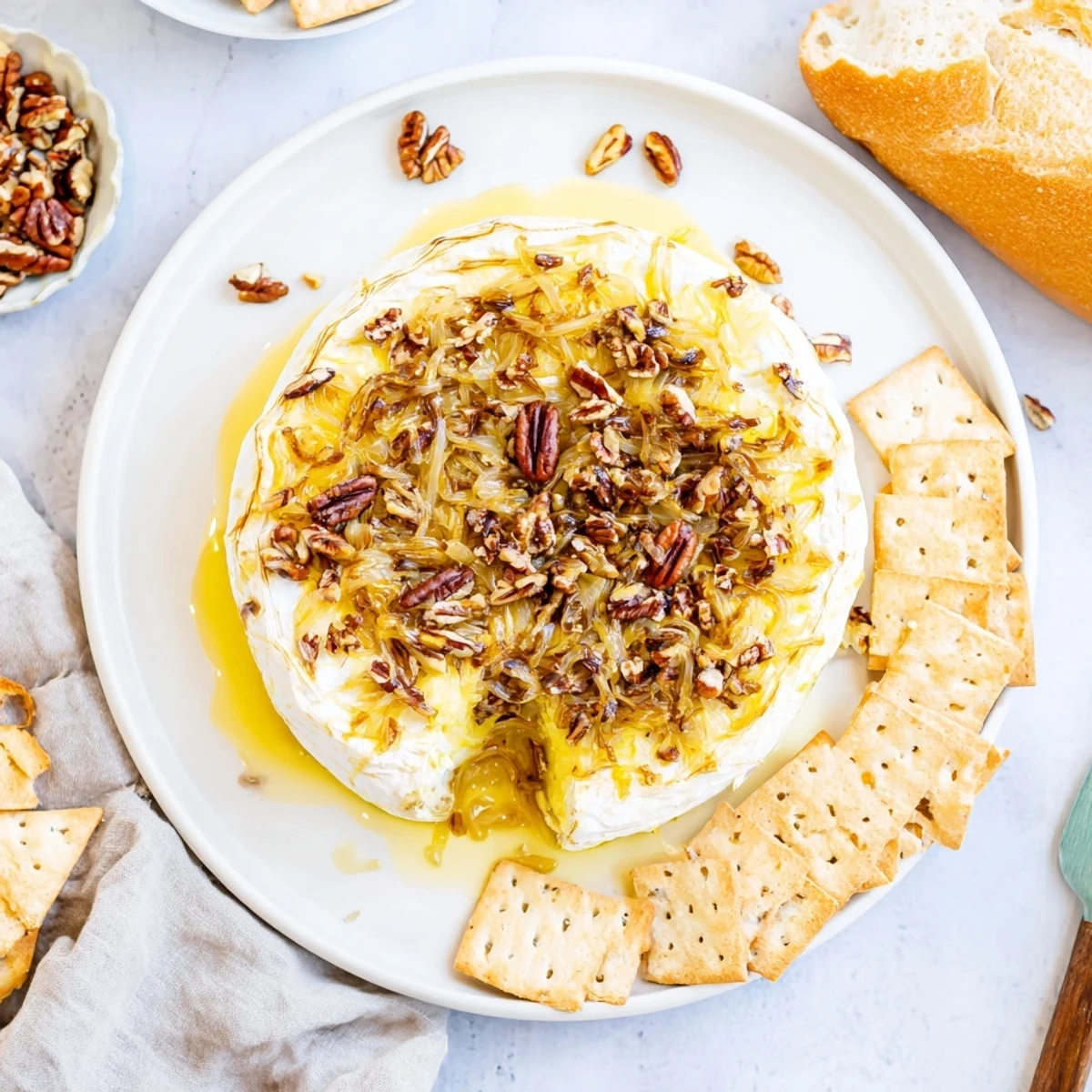 Warm and gooey baked brie topped with buttery caramelized onions and crunchy pecans, served with crusty baguette slices