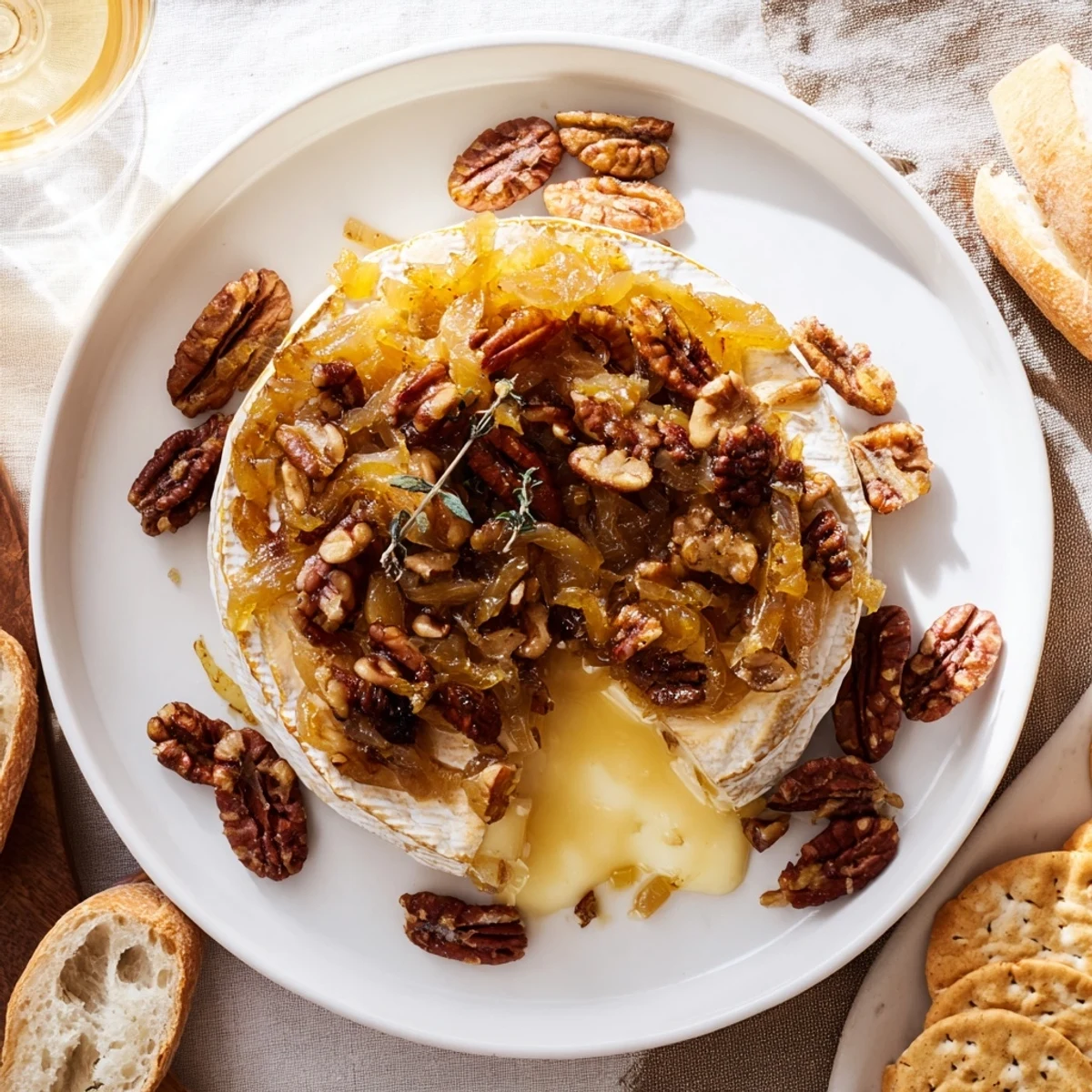 Creamy baked brie cheese melting under a layer of golden brown caramelized onions and crisp toasted pecan halves