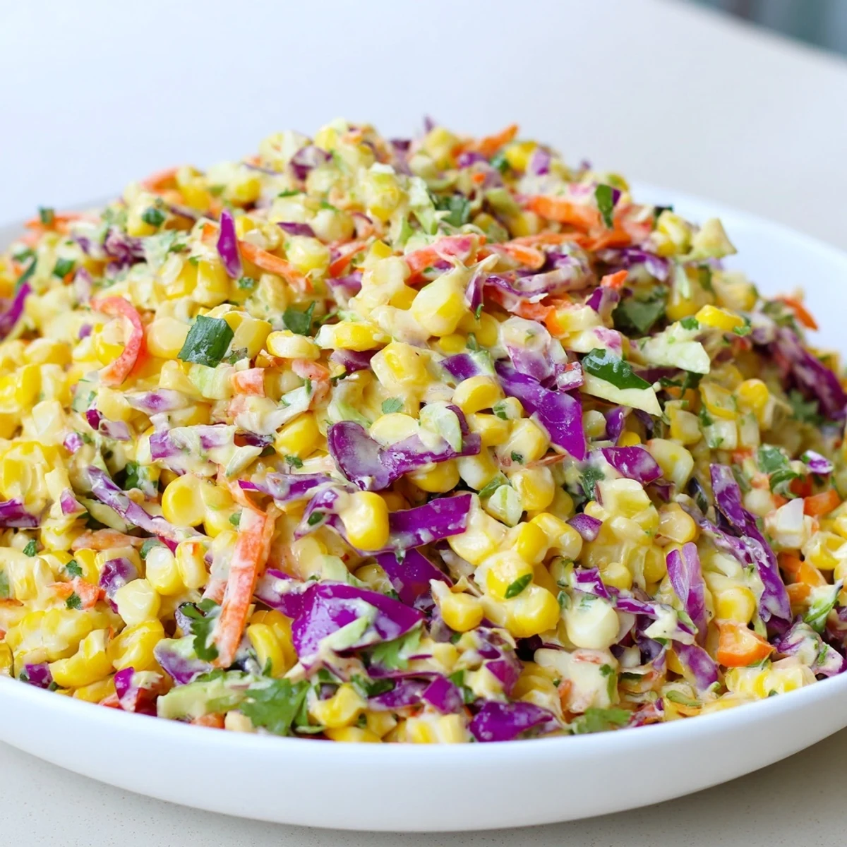 Crisp Mexican Corn Coleslaw with charred corn, zesty lime dressing, cilantro