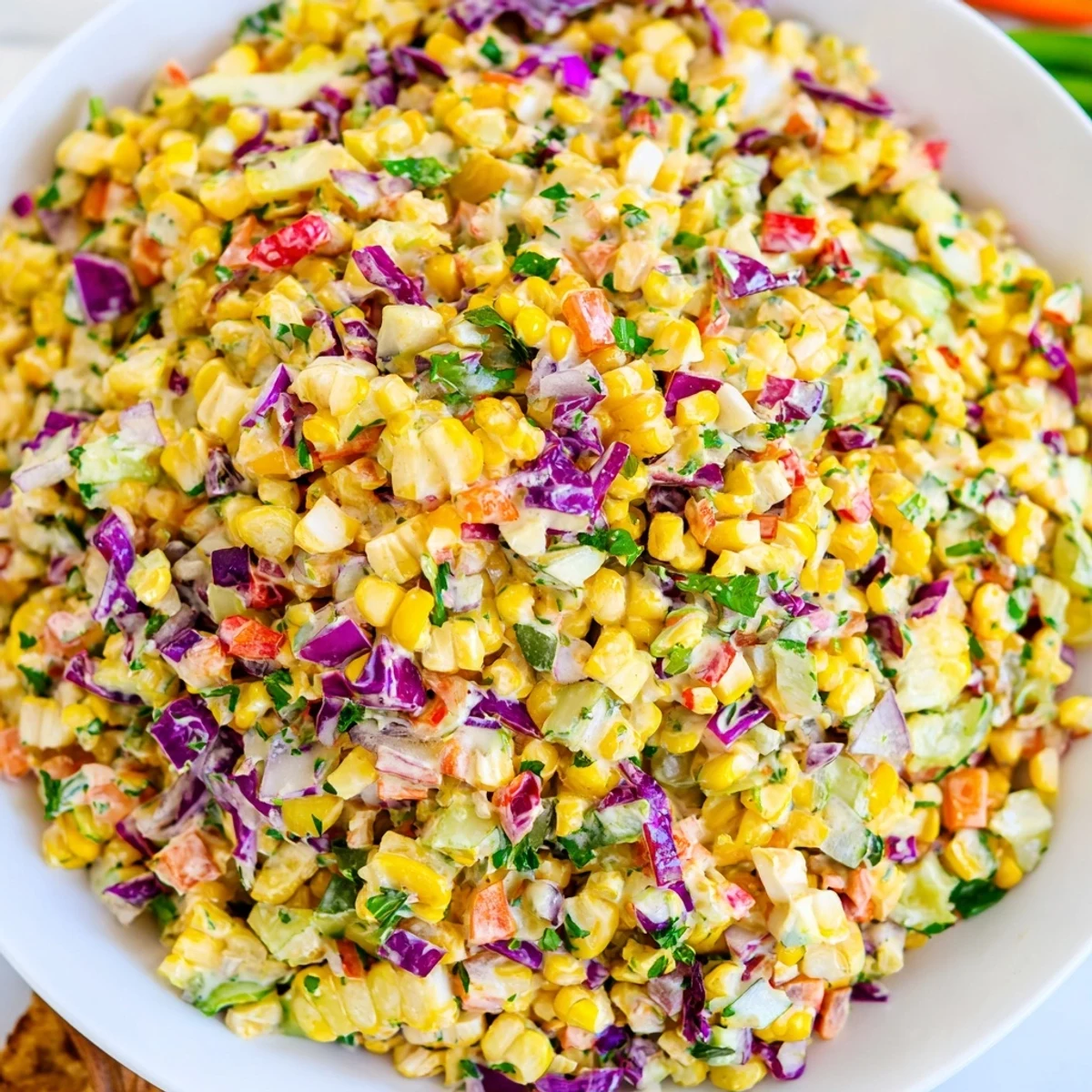 Chilled Mexican Corn Coleslaw piled beside tacos, sweet corn and creamy dressing