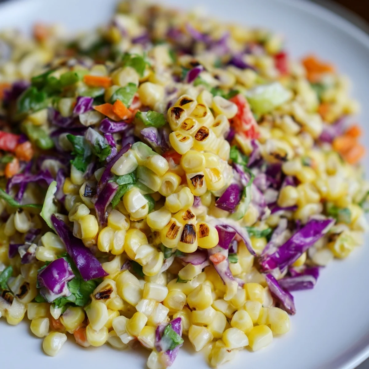 Smoky grilled Mexican Corn Coleslaw served as BBQ side with crunchy cabbage
