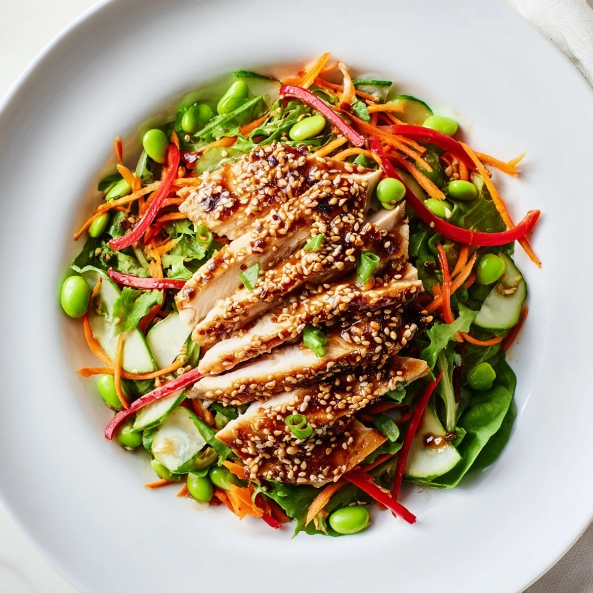 Sesame Chicken Salad with sliced glazed chicken, crisp vegetables, toasted sesame seeds