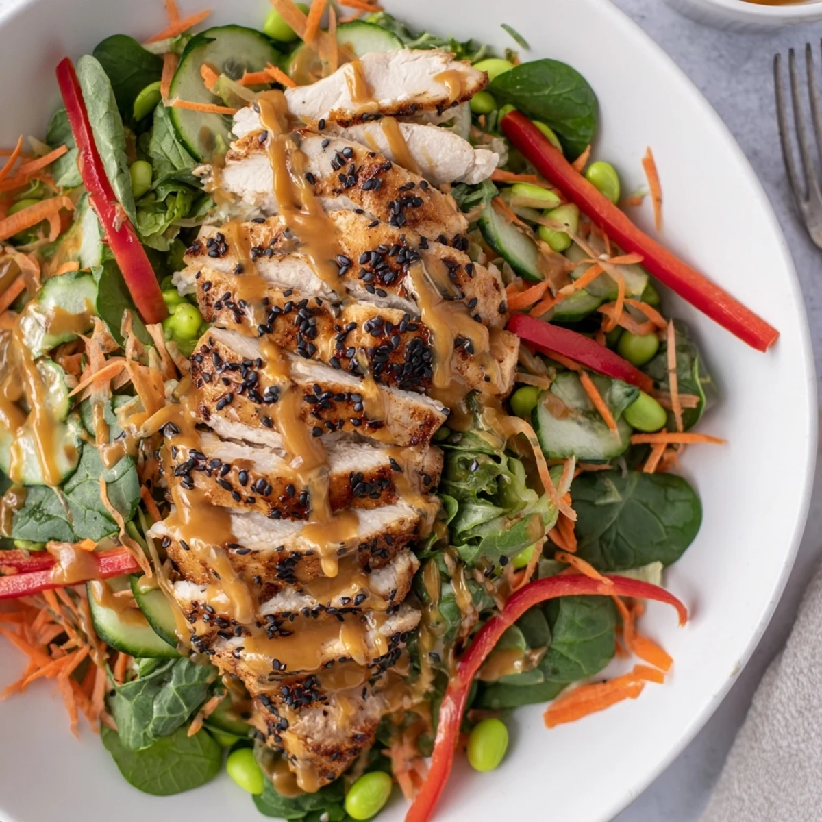 Bright Sesame Chicken Salad tossed in tangy sesame dressing, garnished with green onions