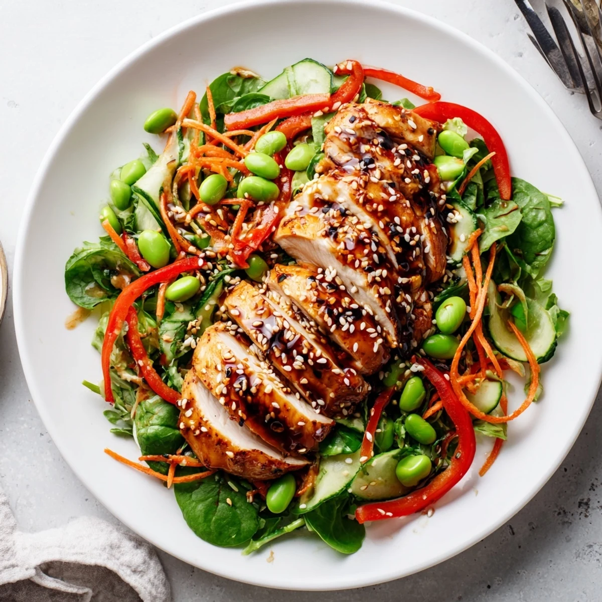 Grilled Sesame Chicken Salad served on platter for light lunch, crunchy cucumber