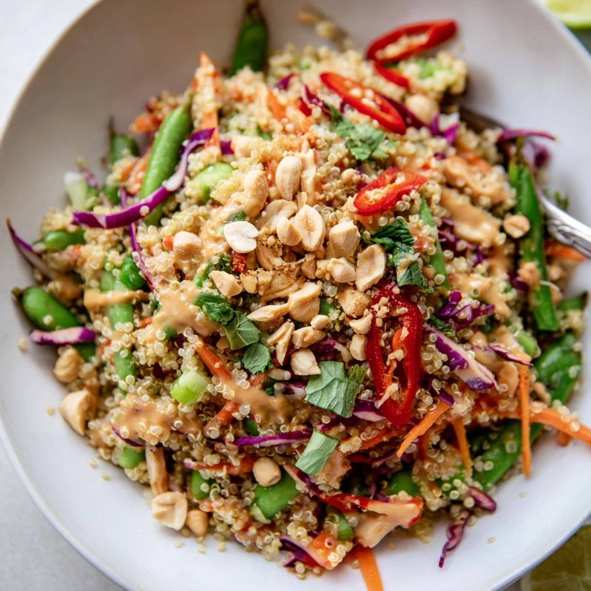 Thai Quinoa Crunch Salad with vibrant cabbage, crunchy peanuts, zesty lime