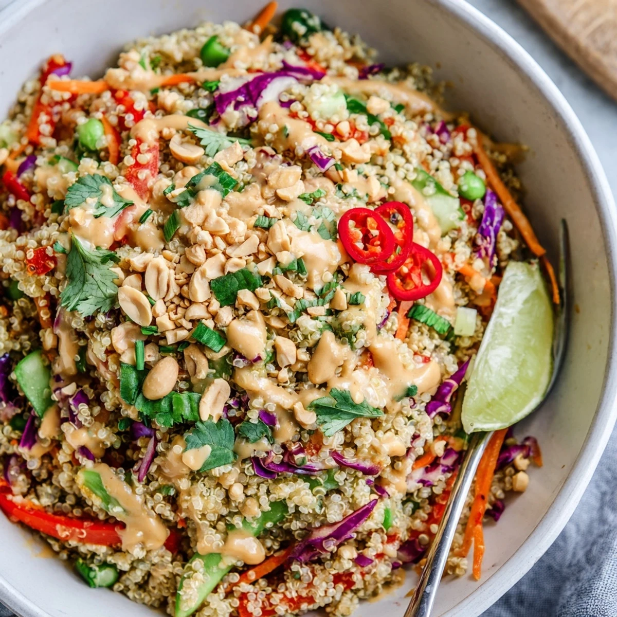 Bowl of Thai Quinoa Crunch Salad tossed with creamy peanut-lime dressing
