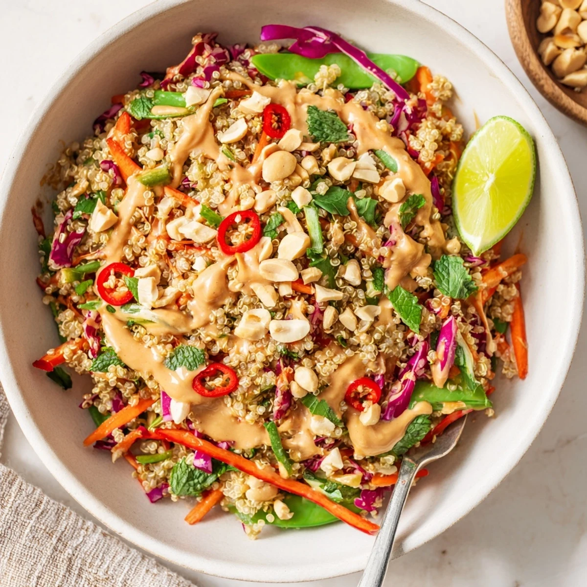 Thai Quinoa Crunch Salad layered with mint, cilantro, snap peas, colorful carrots