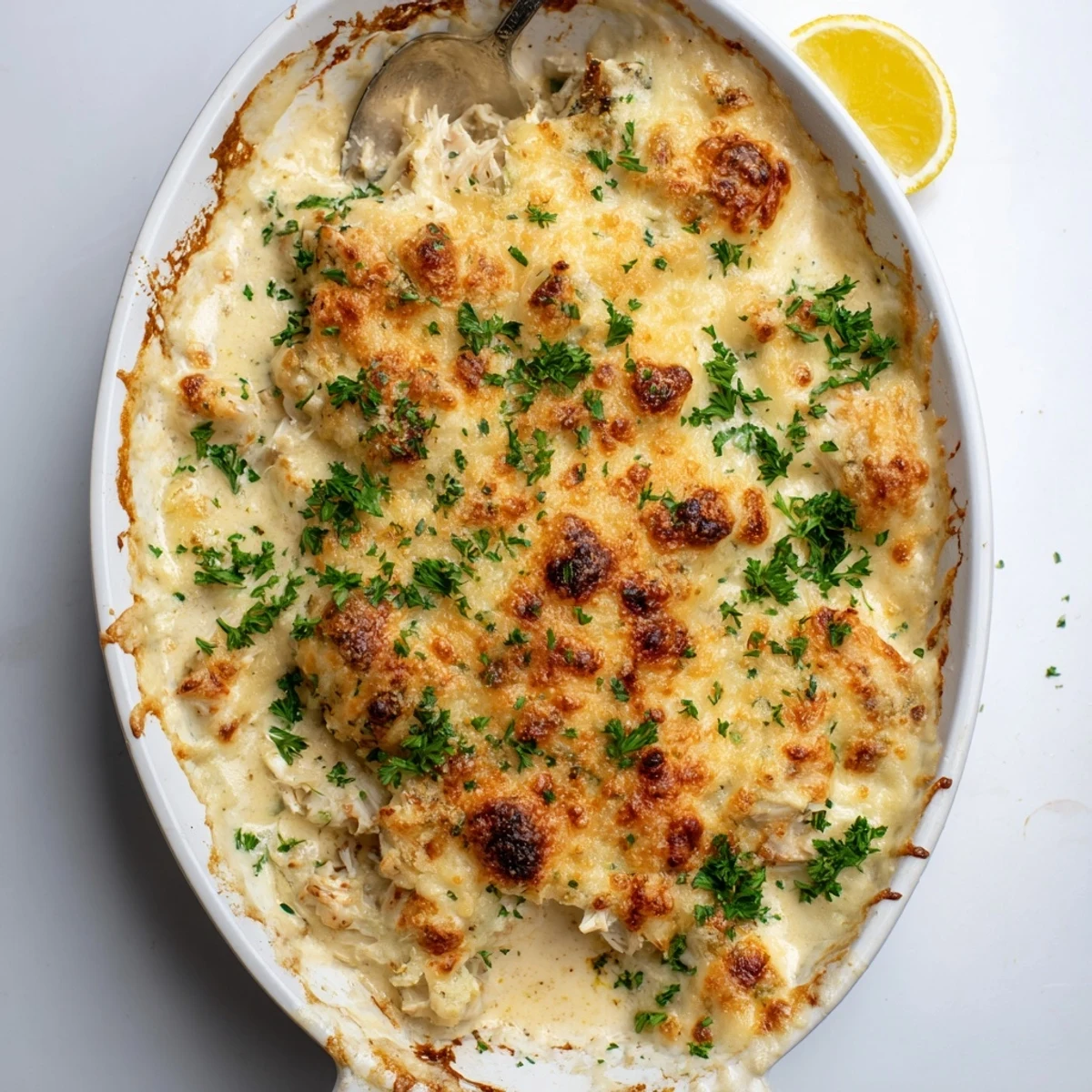 Golden baked crab au gratin with sweet lump crab in rich cheese sauce